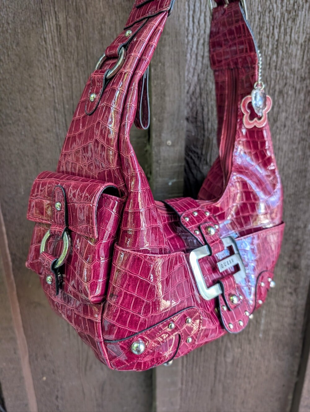 Guess Y2K Vintage Pink Red Faux Crocodile Mcbling Shoulder Bag - Picture 5 of 8